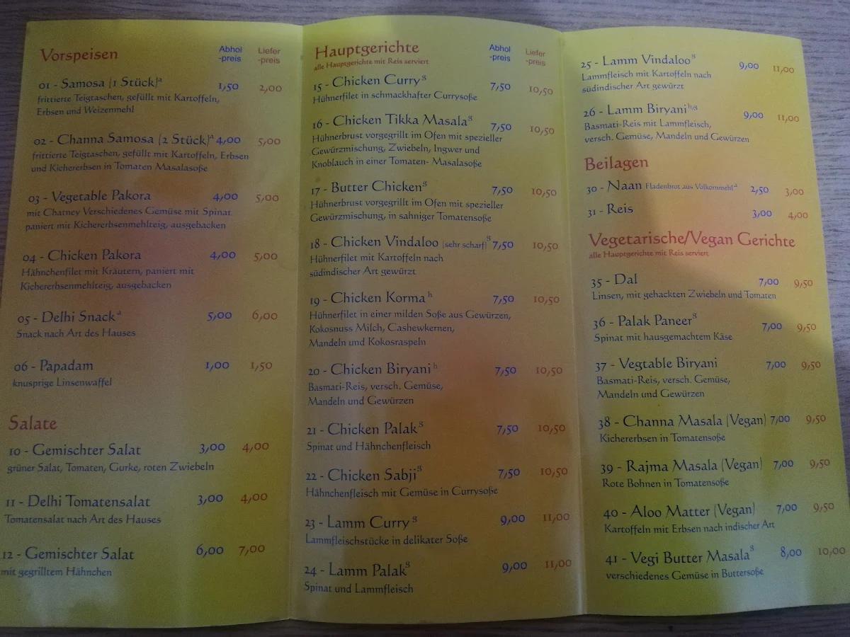 Speisekarte, Delhi Grill