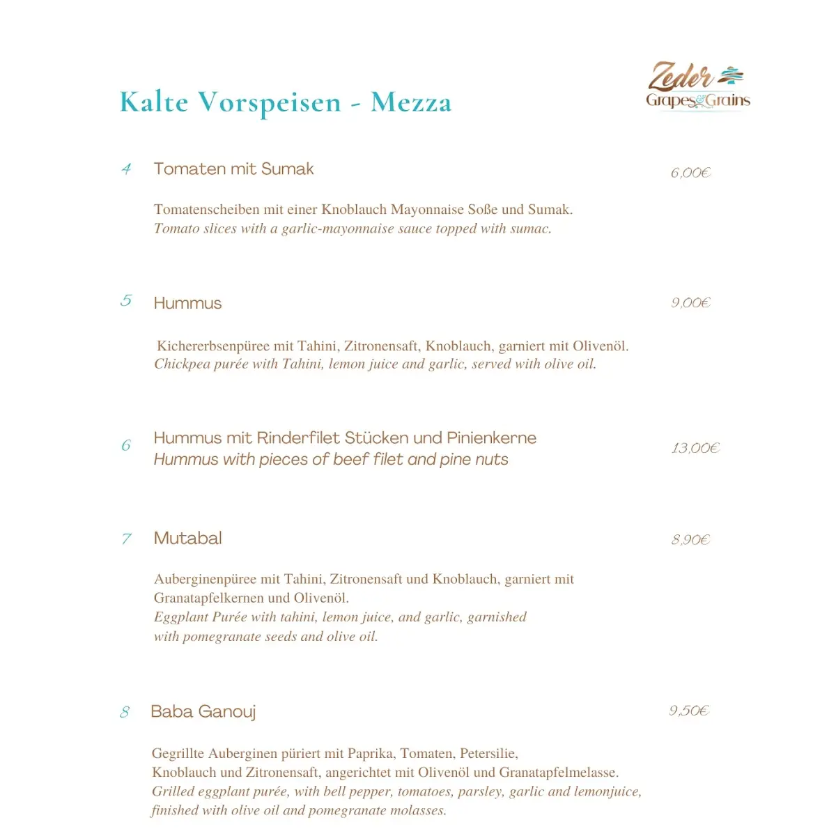 Speisekarte, Zeder Grapes & Grains
