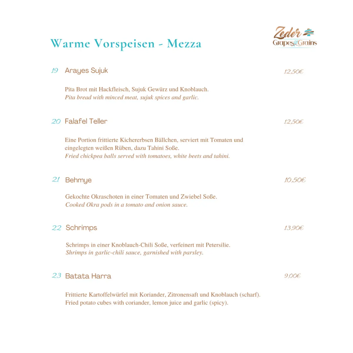 Speisekarte, Zeder Grapes & Grains