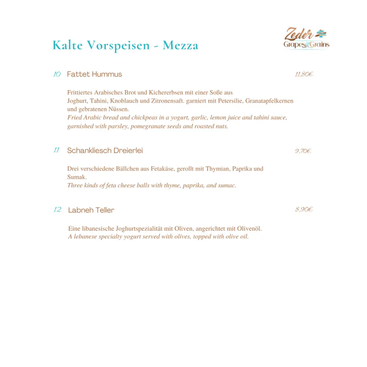 Speisekarte, Zeder Grapes & Grains
