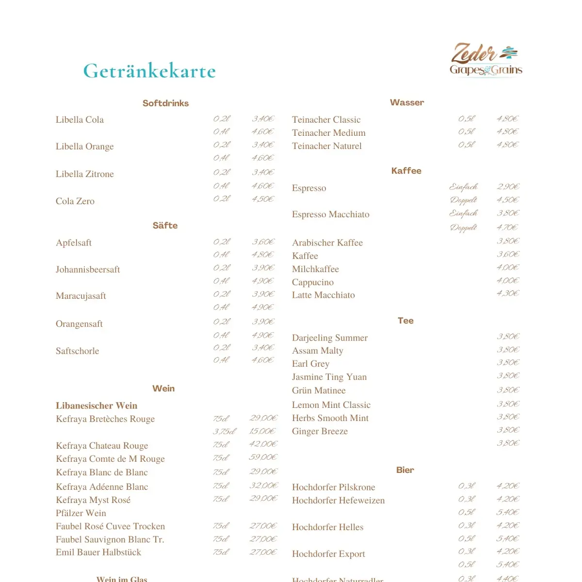 Speisekarte, Zeder Grapes & Grains