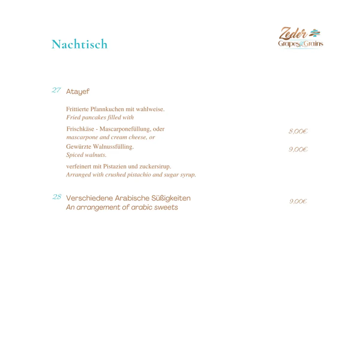 Speisekarte, Zeder Grapes & Grains