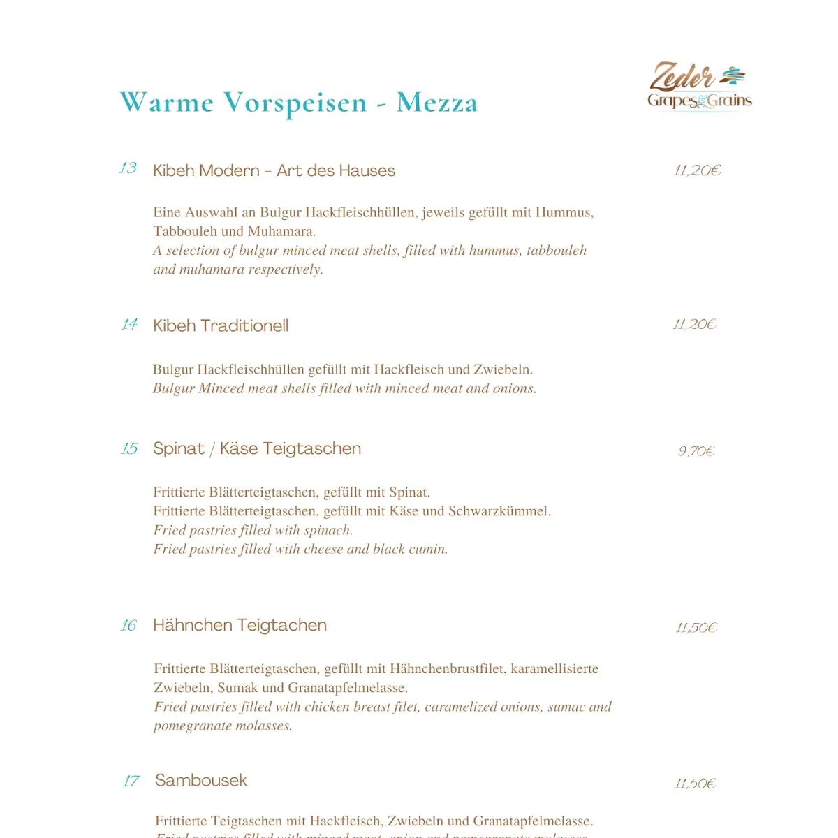 Speisekarte, Zeder Grapes & Grains