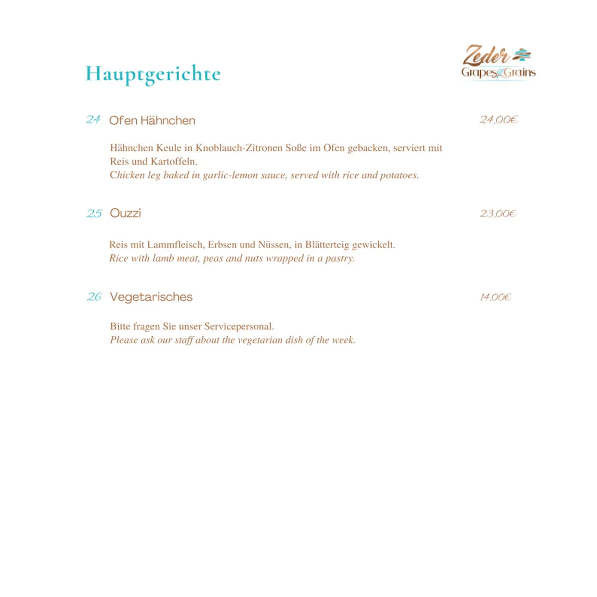 Speisekarte, Zeder Grapes & Grains
