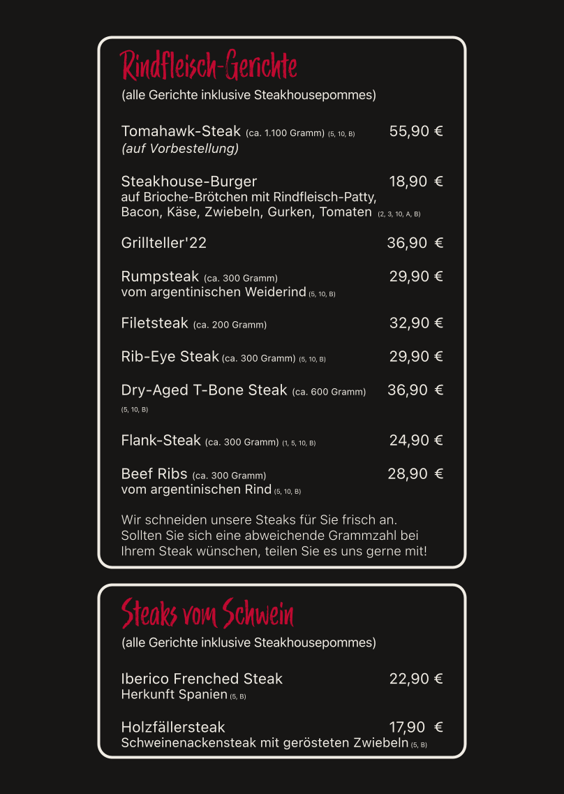 Speisekarte, Steakhouse'22