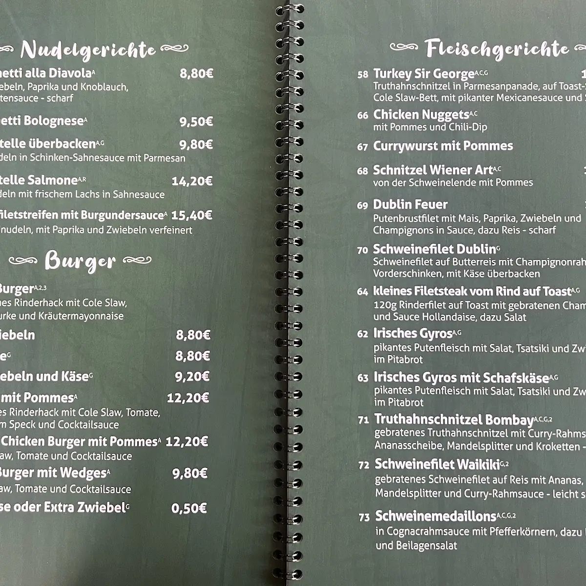 Speisekarte, Irish House Dublin