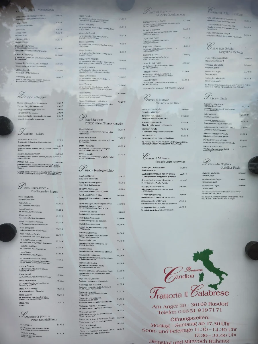 Speisekarte, Restaurante Candioti “Trattoria il Calabrese”