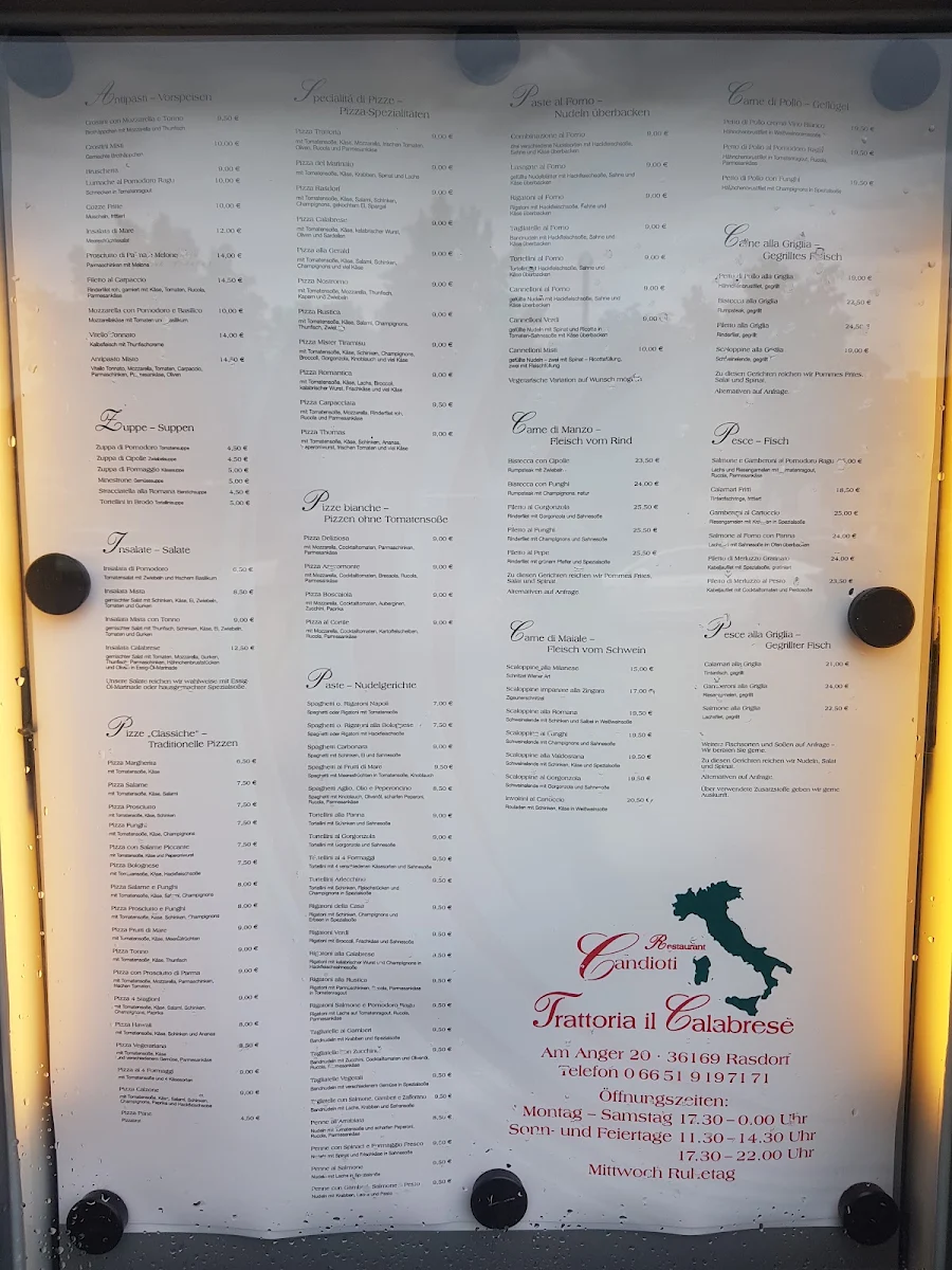 Speisekarte, Restaurante Candioti “Trattoria il Calabrese”
