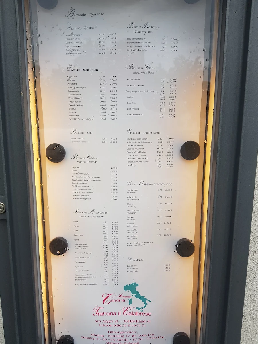 Speisekarte, Restaurante Candioti “Trattoria il Calabrese”