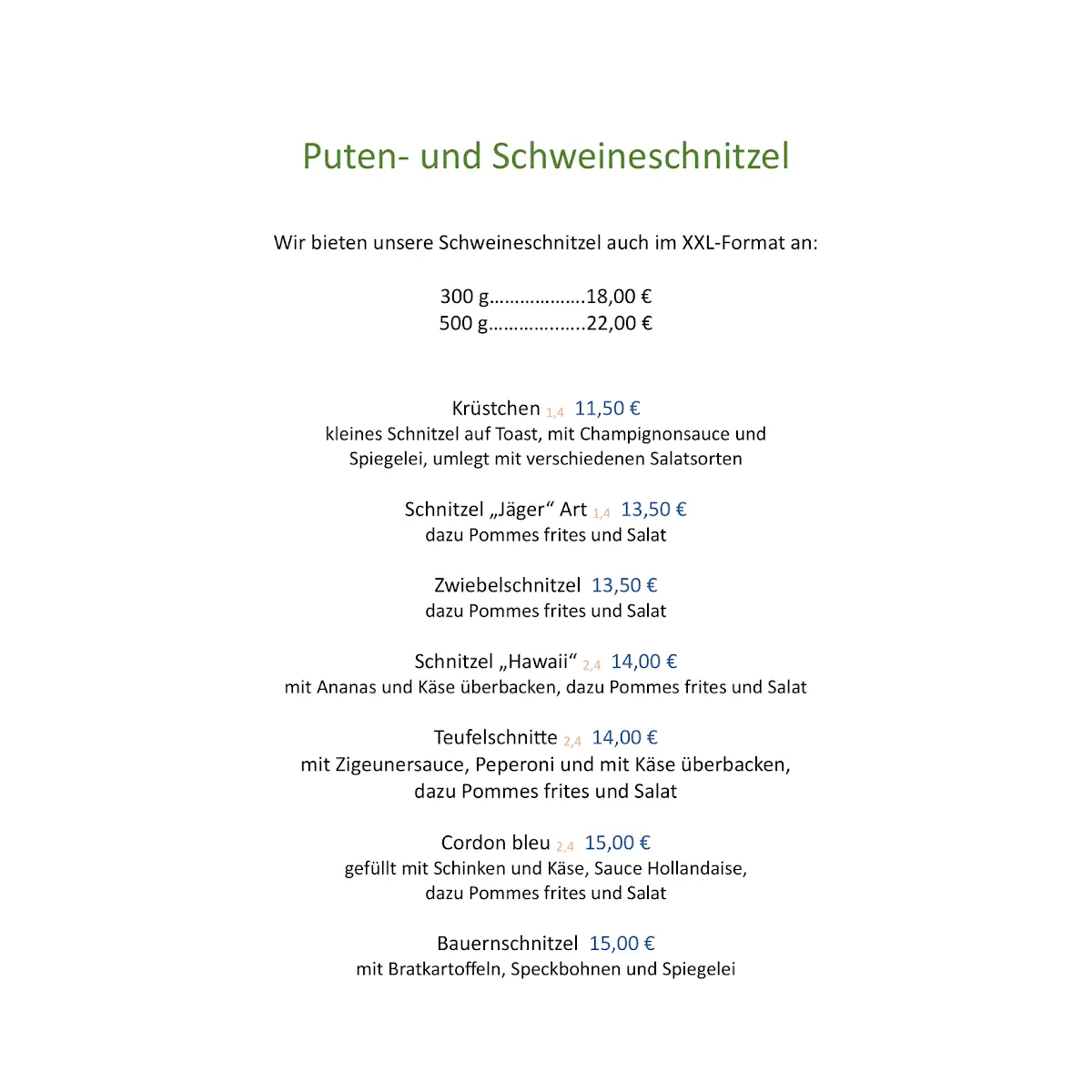 Speisekarte, Gasthaus Alte Wiese