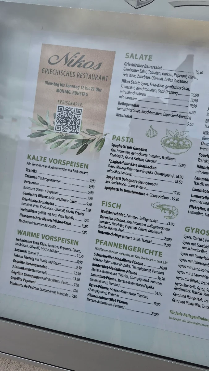Speisekarte, Restaurant NIKOS