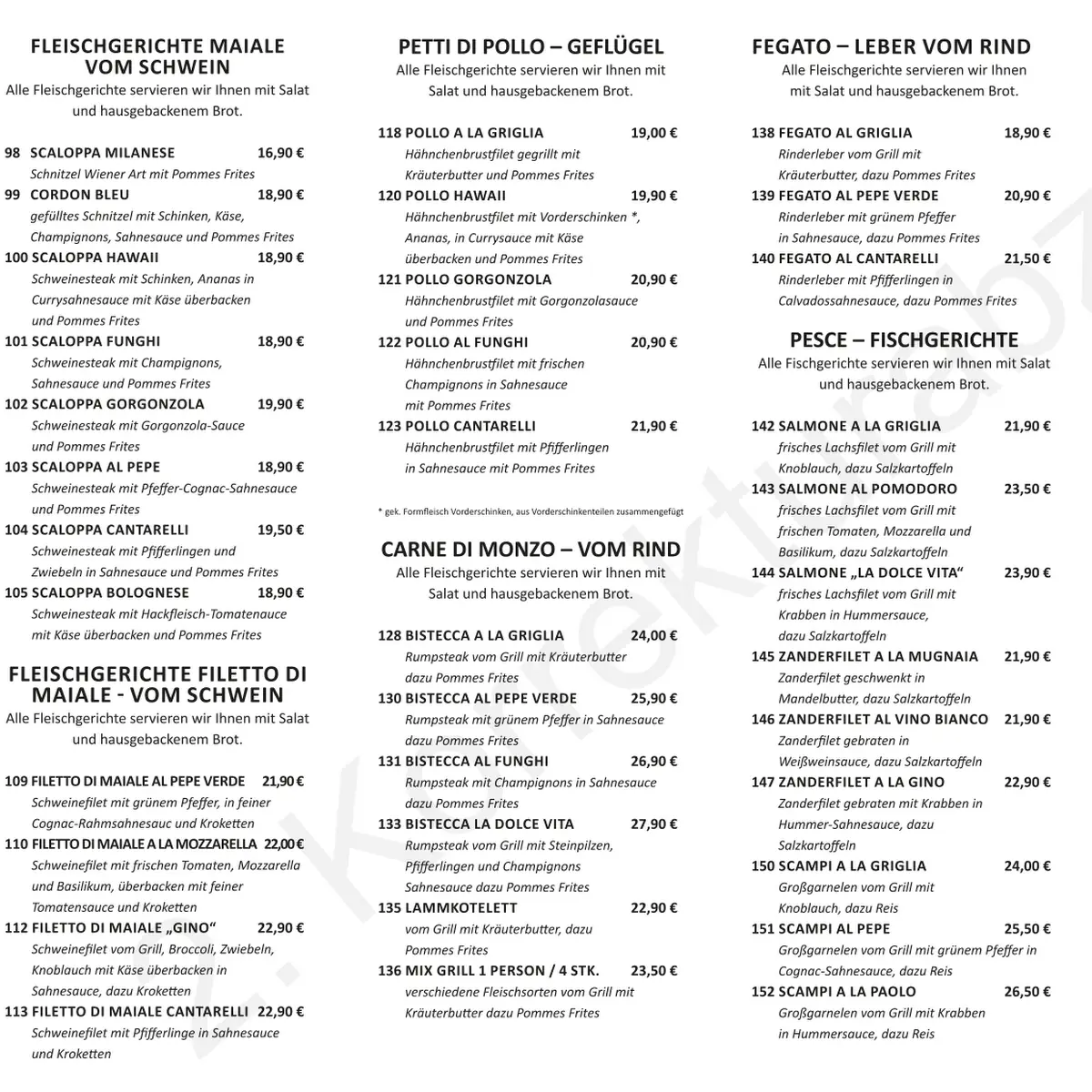 Speisekarte, La Dolce Vita
