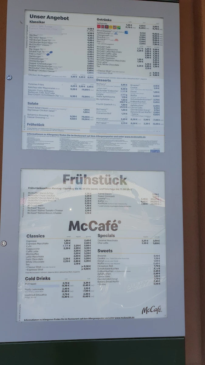 Speisekarte, McDonald's