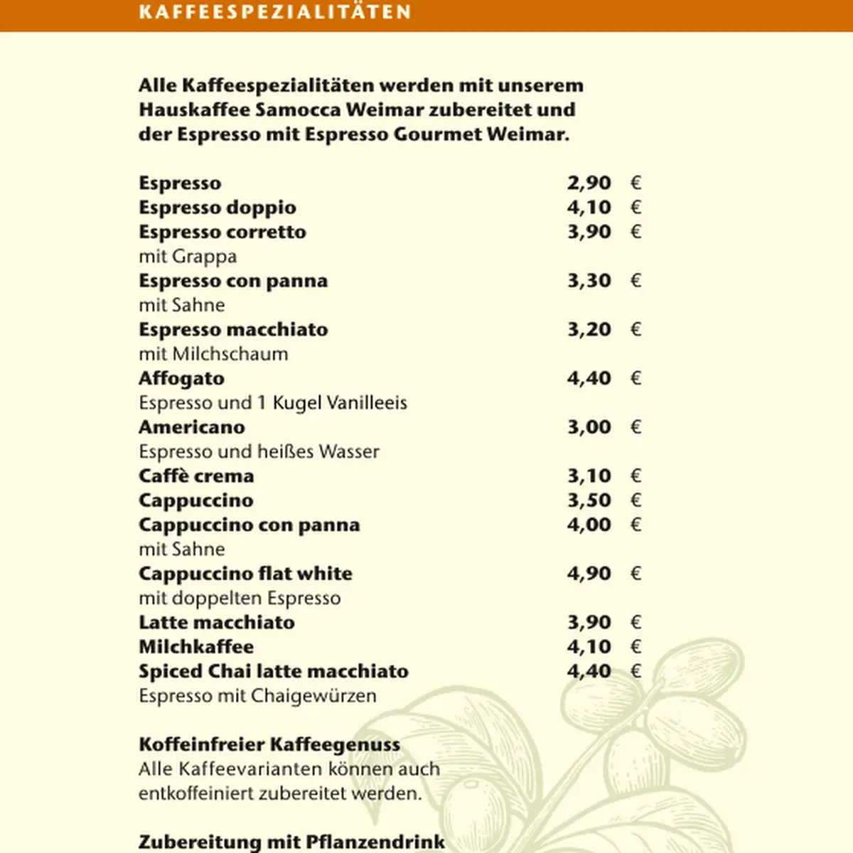 Speisekarte, SAMOCCA Café Weimar