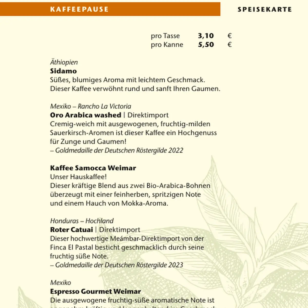 Speisekarte, SAMOCCA Café Weimar