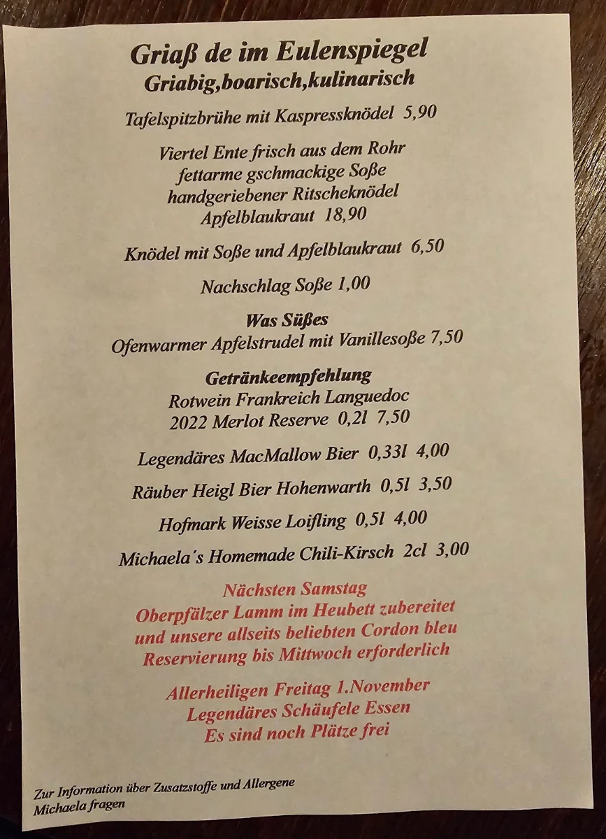 Speisekarte, Restaurant Eulenspiegel