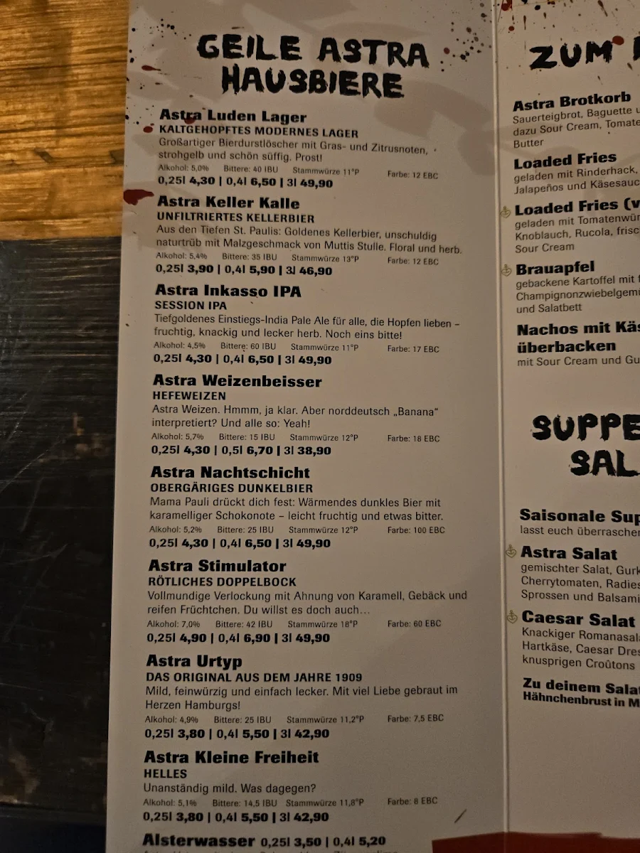 Speisekarte, Astra St. Pauli Brauerei
