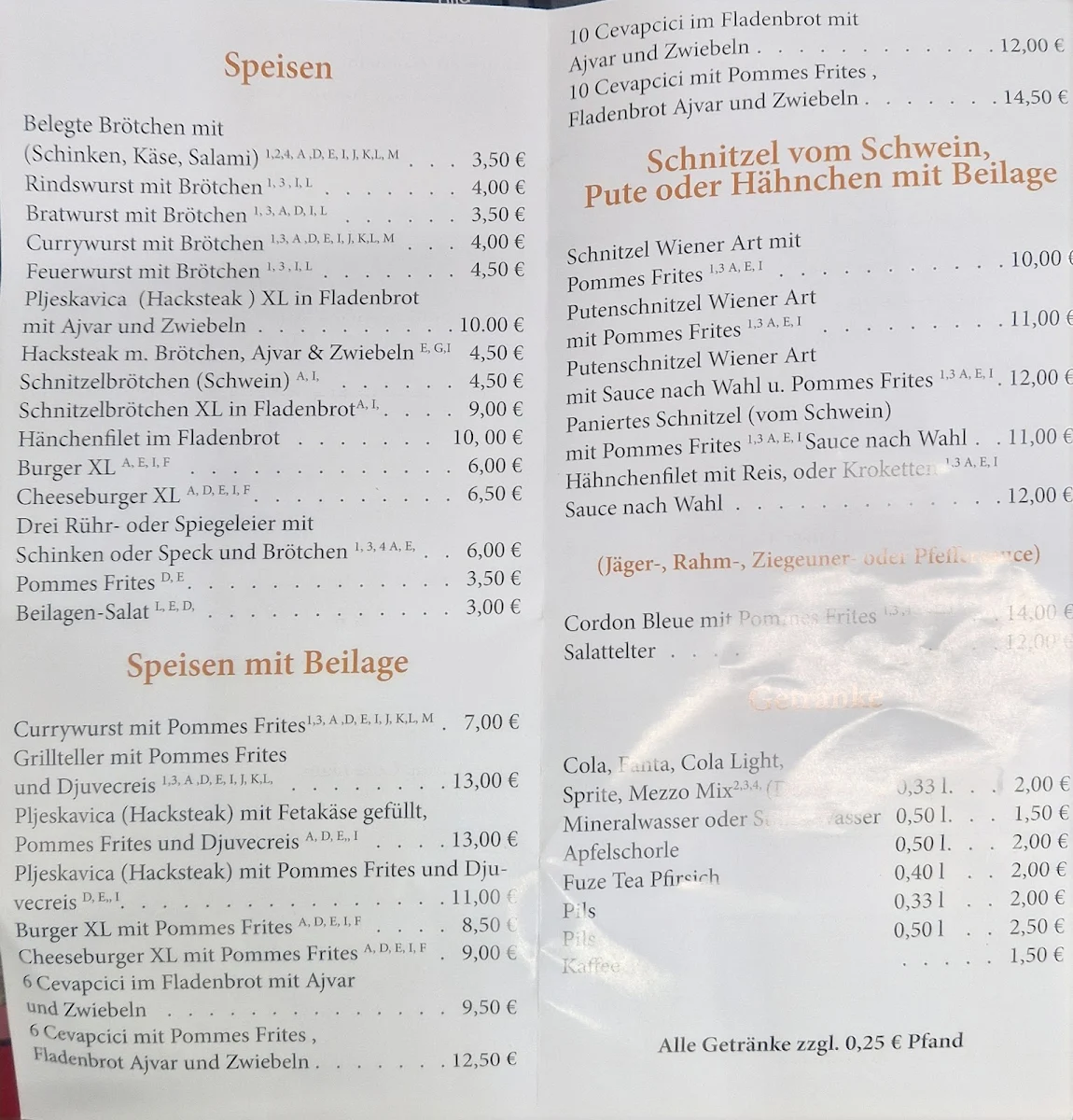 Speisekarte, schnitzelstube imbiss