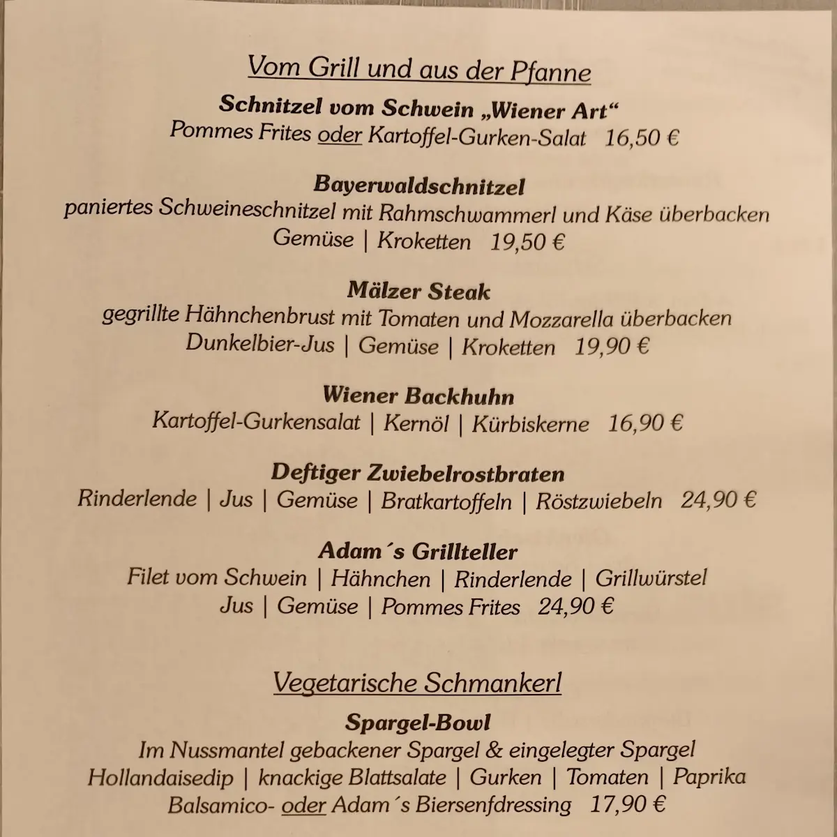Speisekarte, Gasthof Adam Bräu