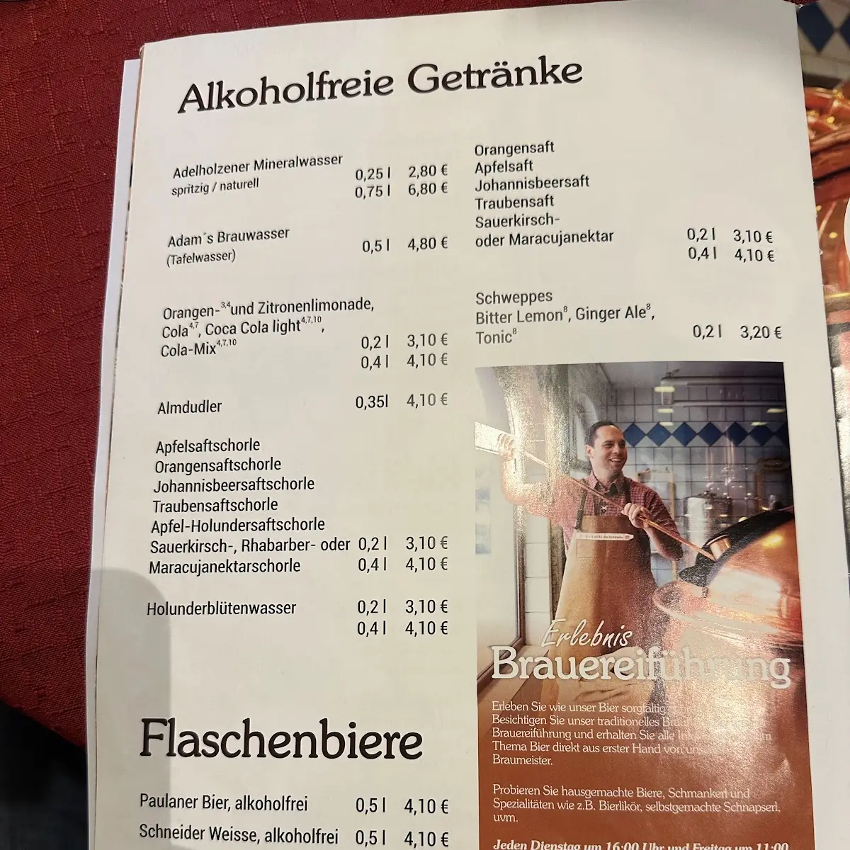 Speisekarte, Gasthof Adam Bräu