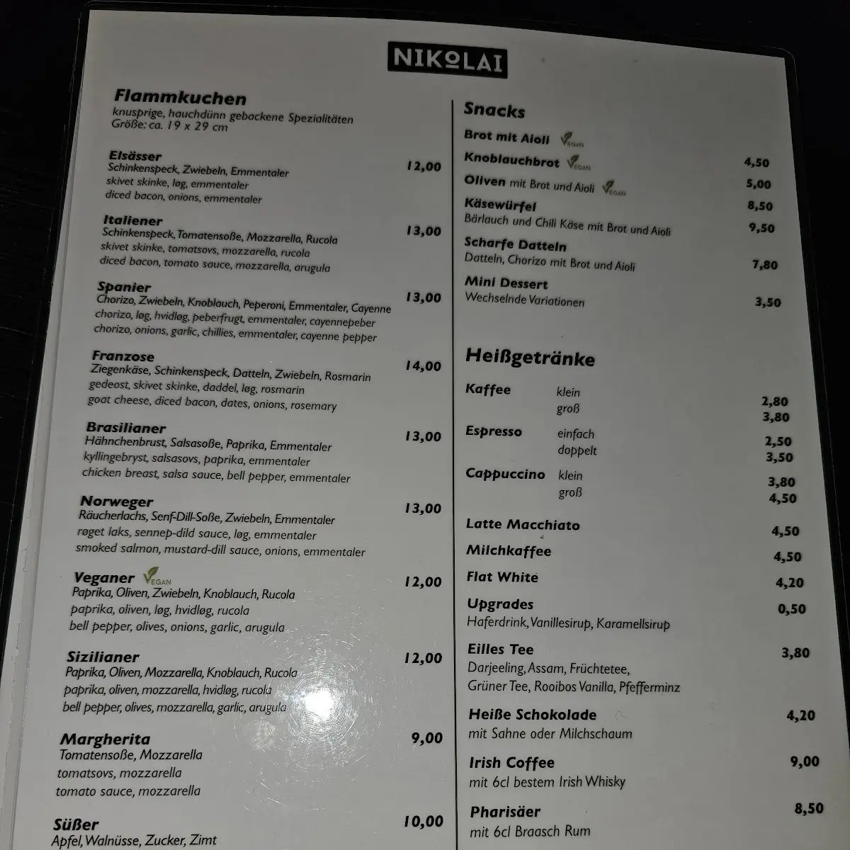 Speisekarte, NIKOLAI - Flammkuchen in Flensburg