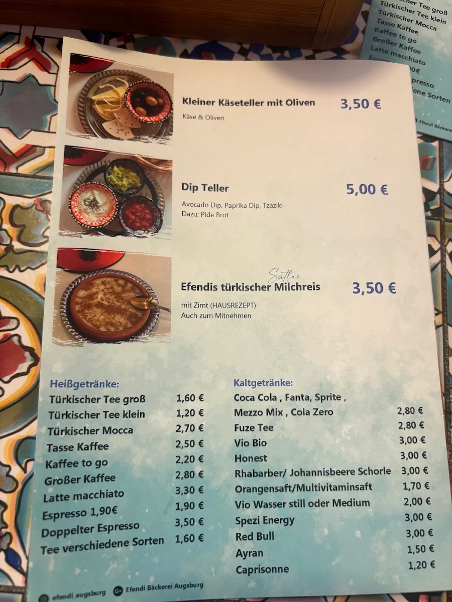 Speisekarte, Bäckerei Efendi