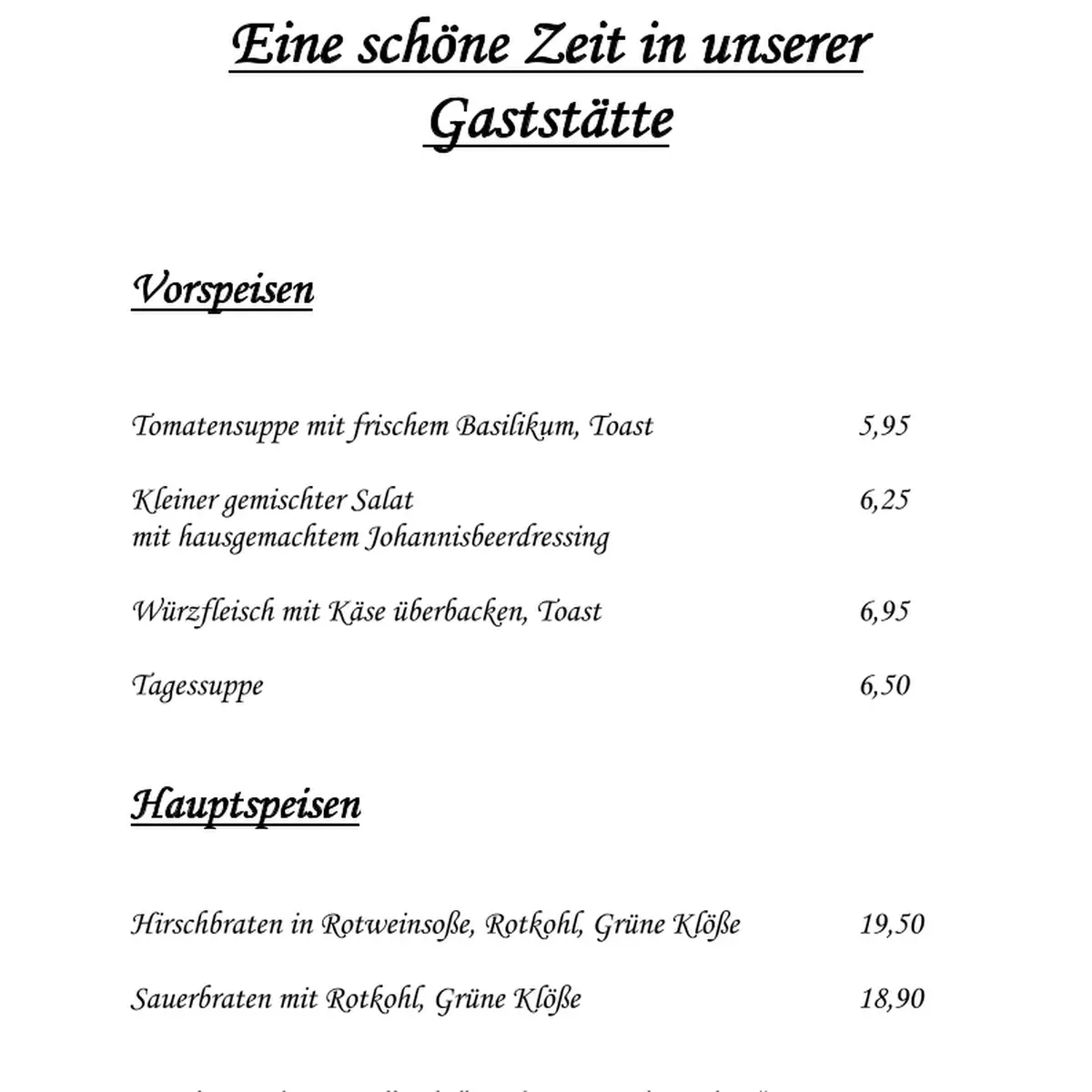 Speisekarte, Café & Restaurant "Zur alten Schule"