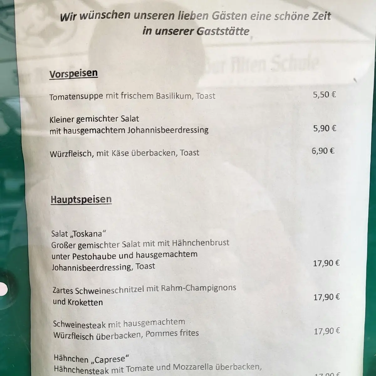 Speisekarte, Café & Restaurant "Zur alten Schule"
