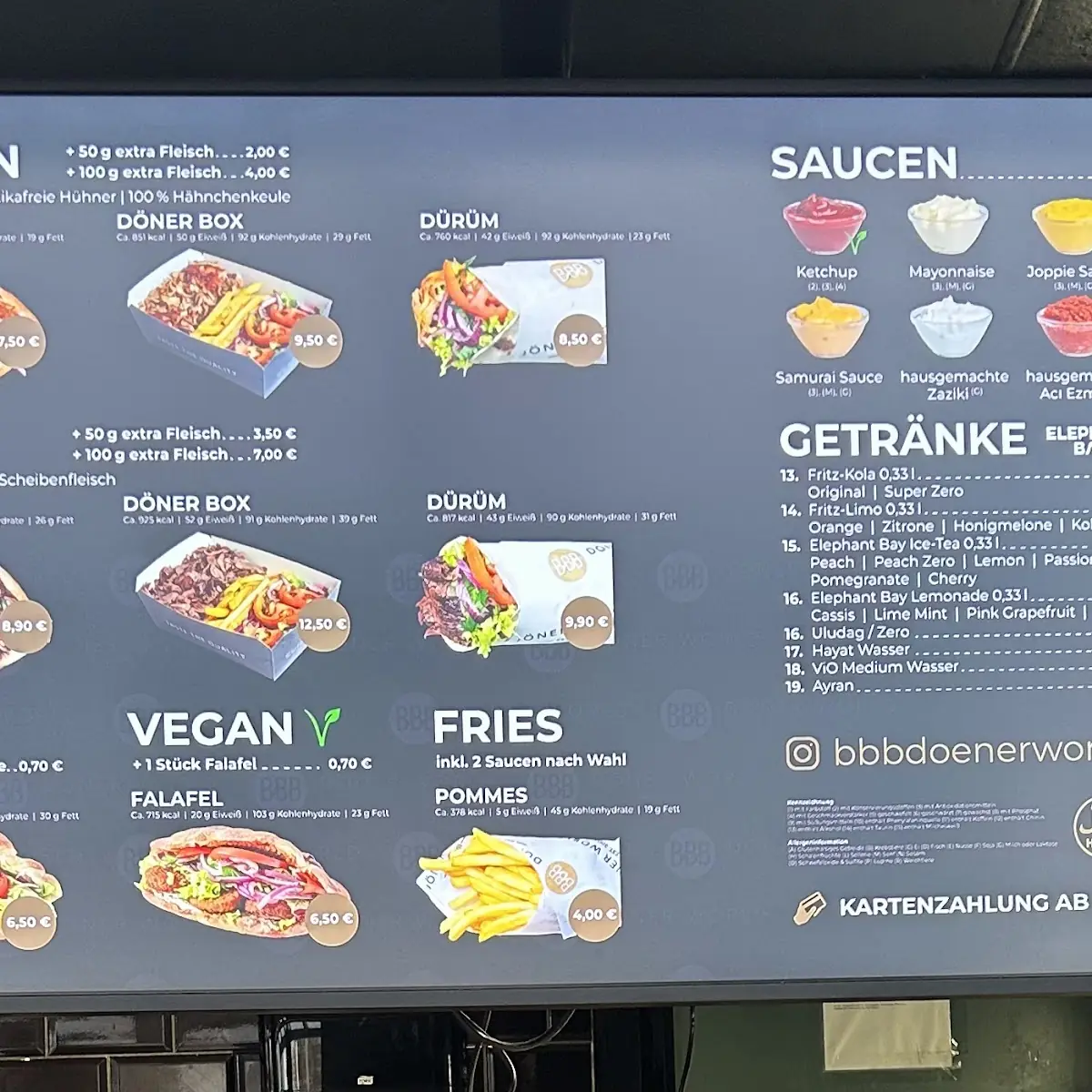 Speisekarte, BBB Döner World