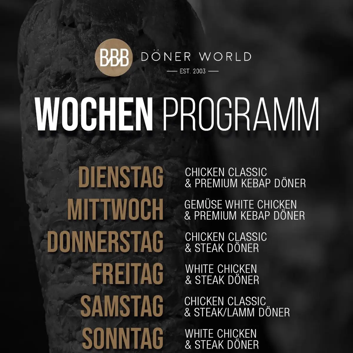 Speisekarte, BBB Döner World