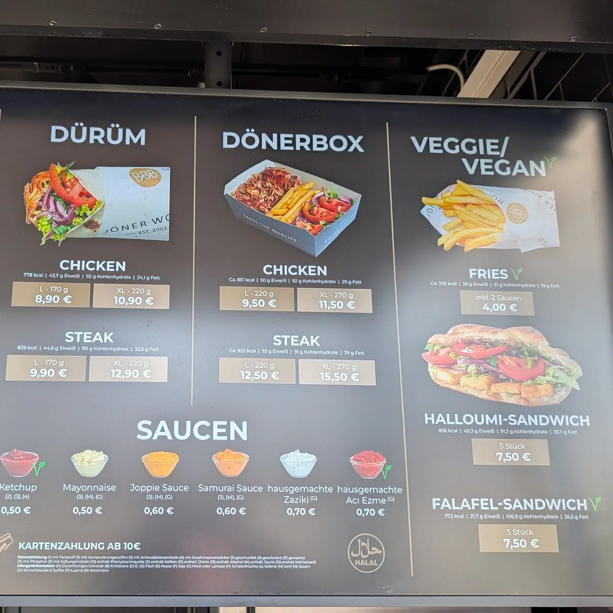 Speisekarte, BBB Döner World
