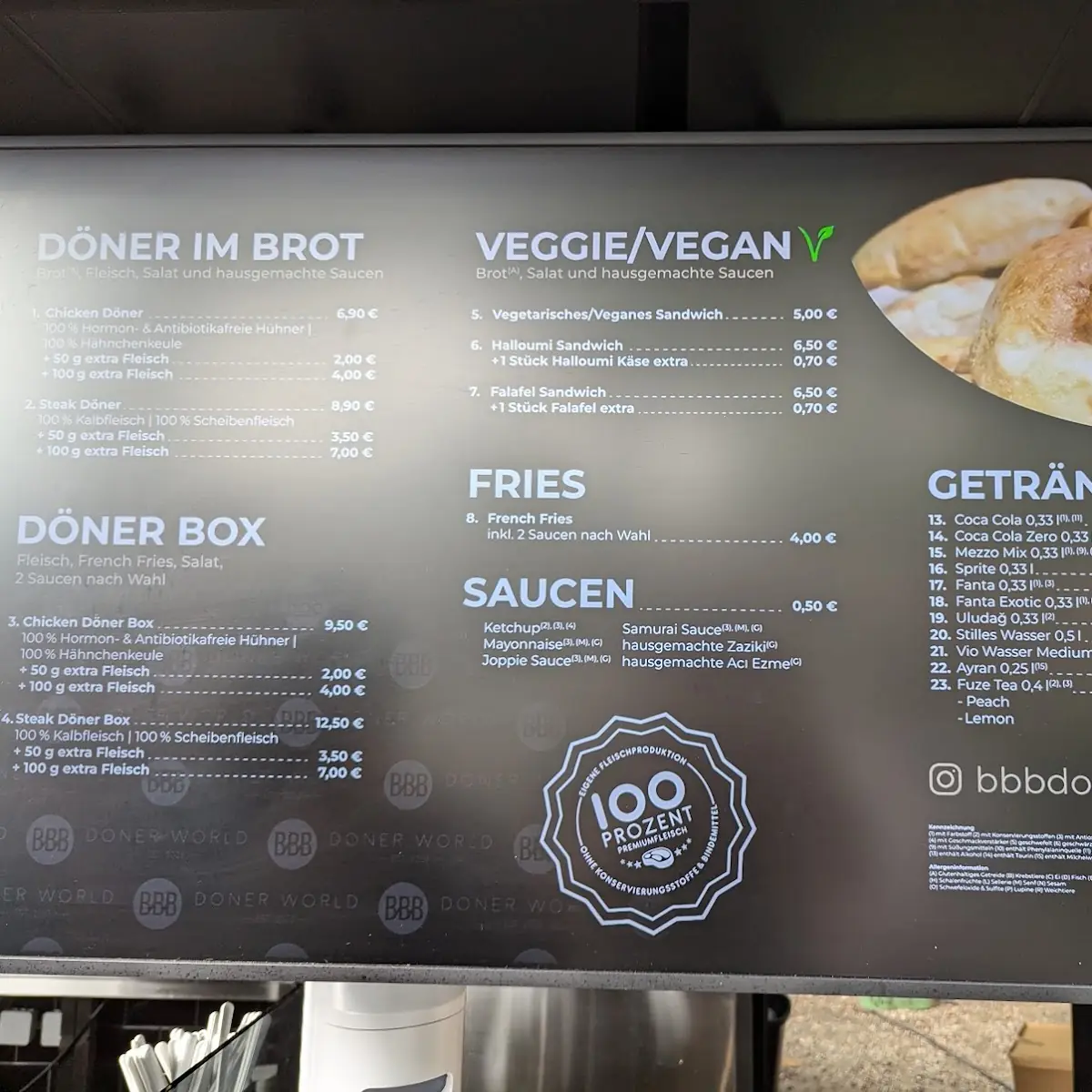 Speisekarte, BBB Döner World