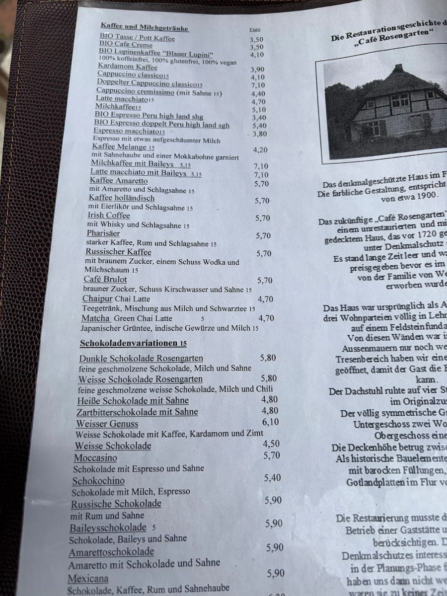 Speisekarte, Café Rosengarten
