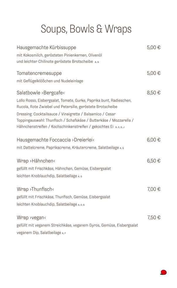 Speisekarte, Bergcafé