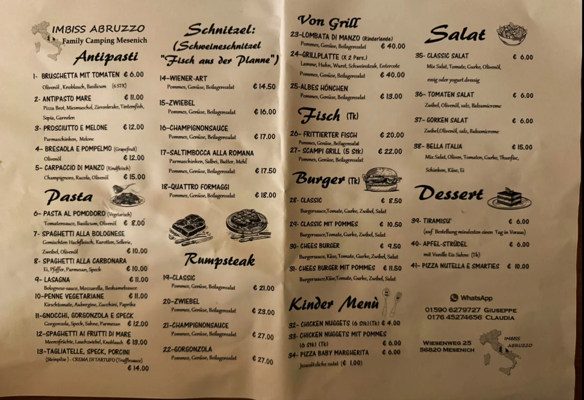 Speisekarte, Mosella Bar & Terrasse | Pizzeria Abruzzo