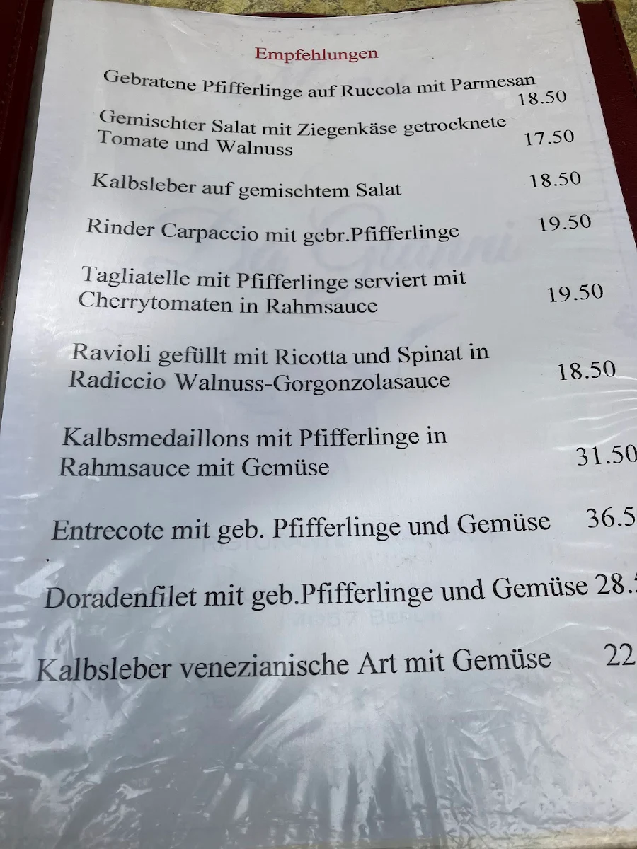 Speisekarte, Trattoria Da Gianni