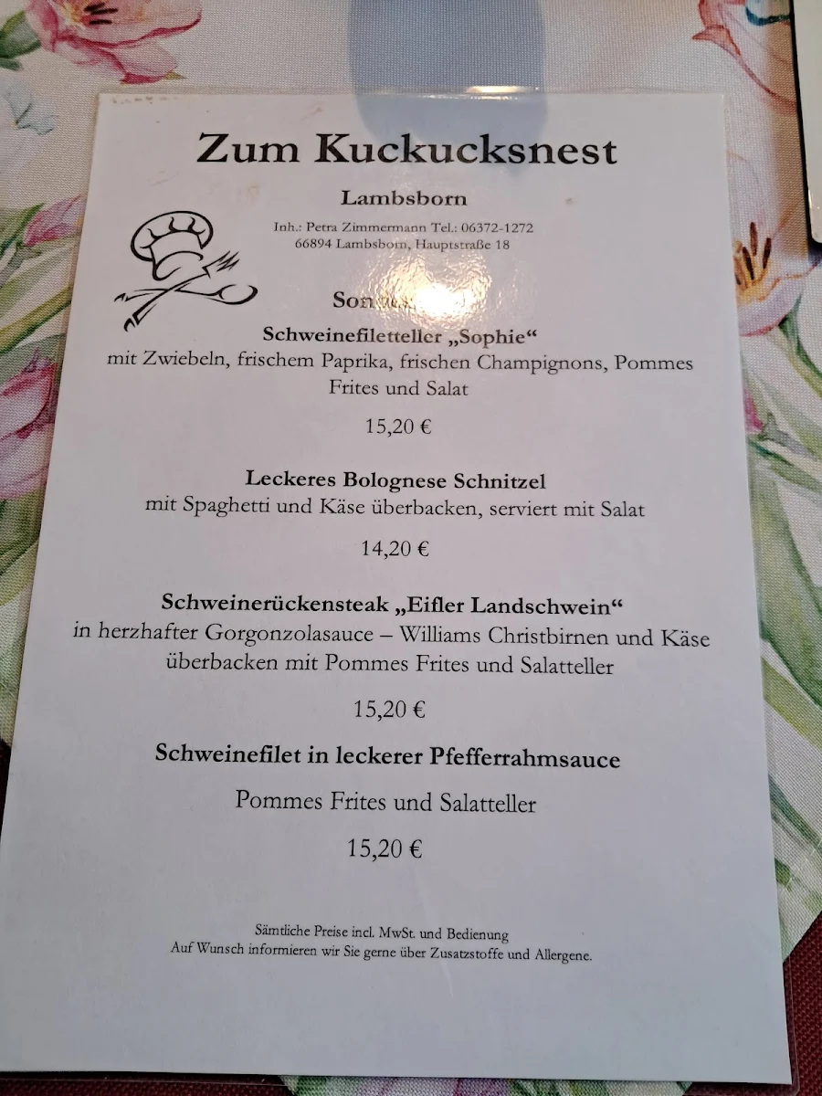 Speisekarte, Zum Kuckucksnest