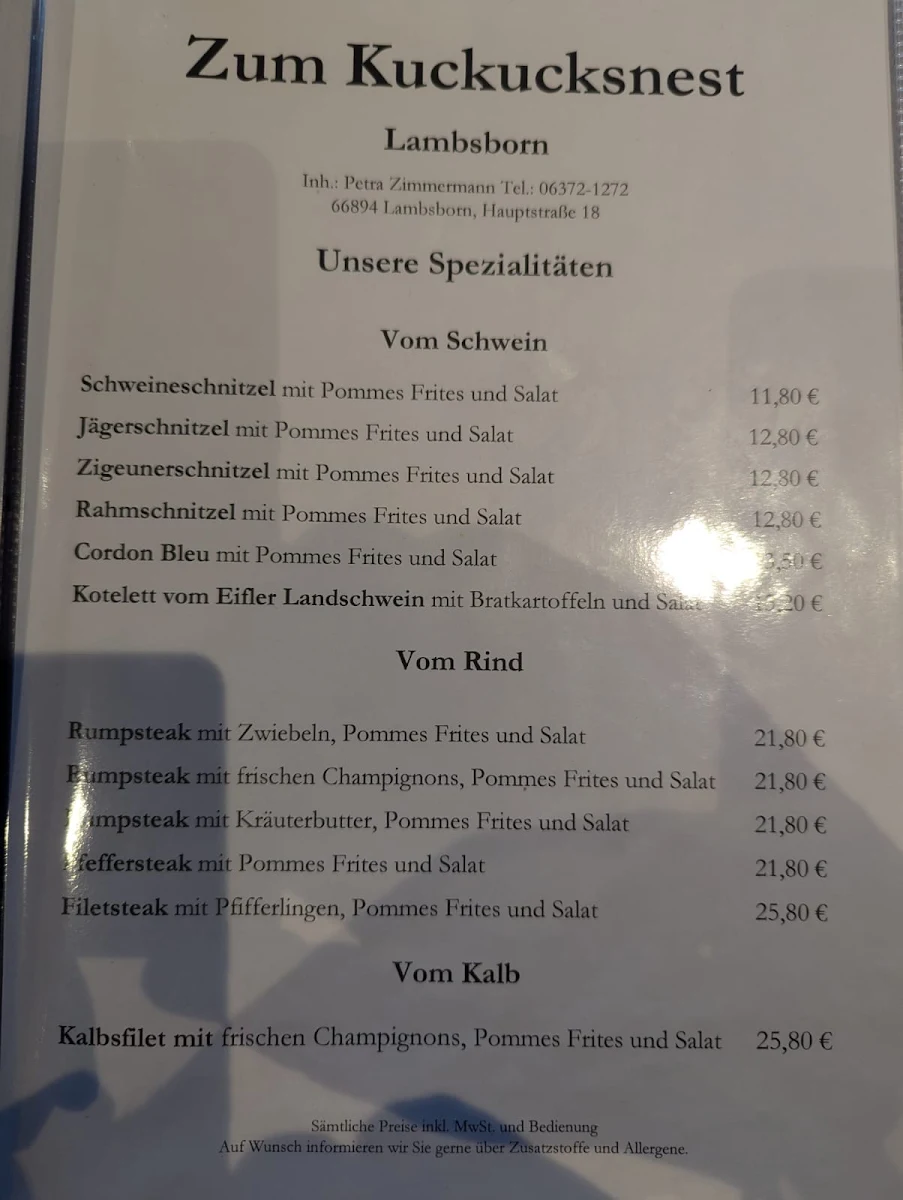 Speisekarte, Zum Kuckucksnest