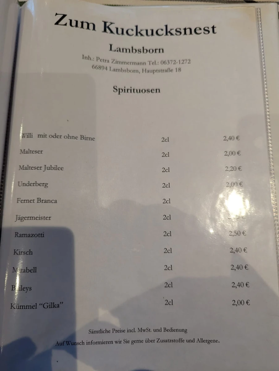 Speisekarte, Zum Kuckucksnest
