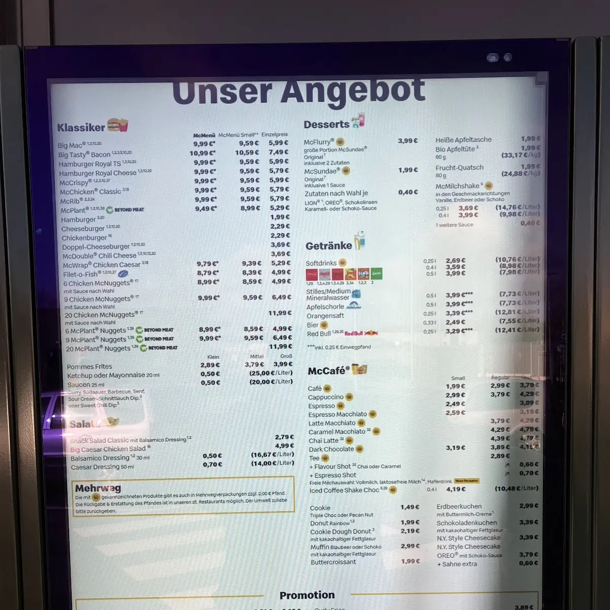 Speisekarte, McDonald's