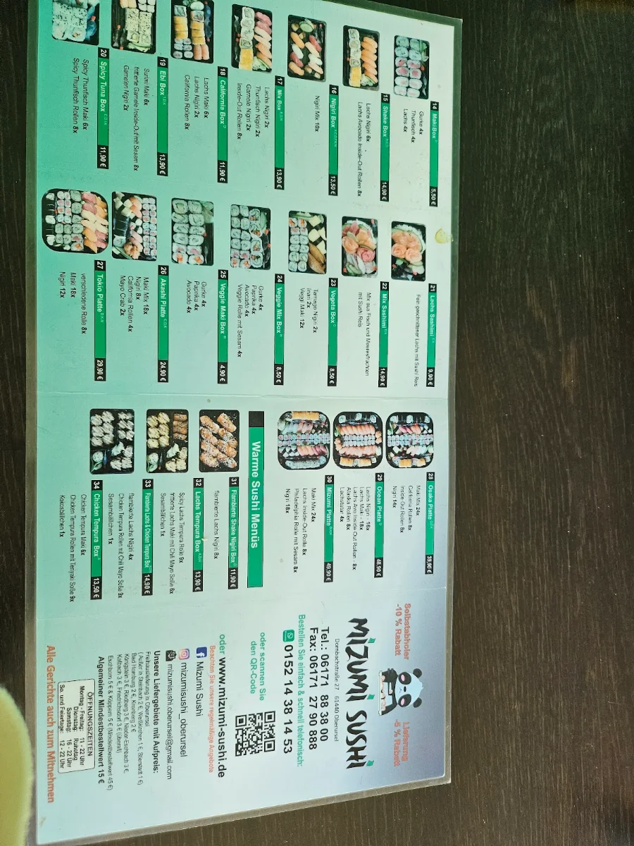 Speisekarte, Mizumi Sushi