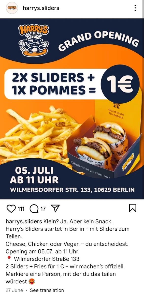 Speisekarte, Harry's Sliders