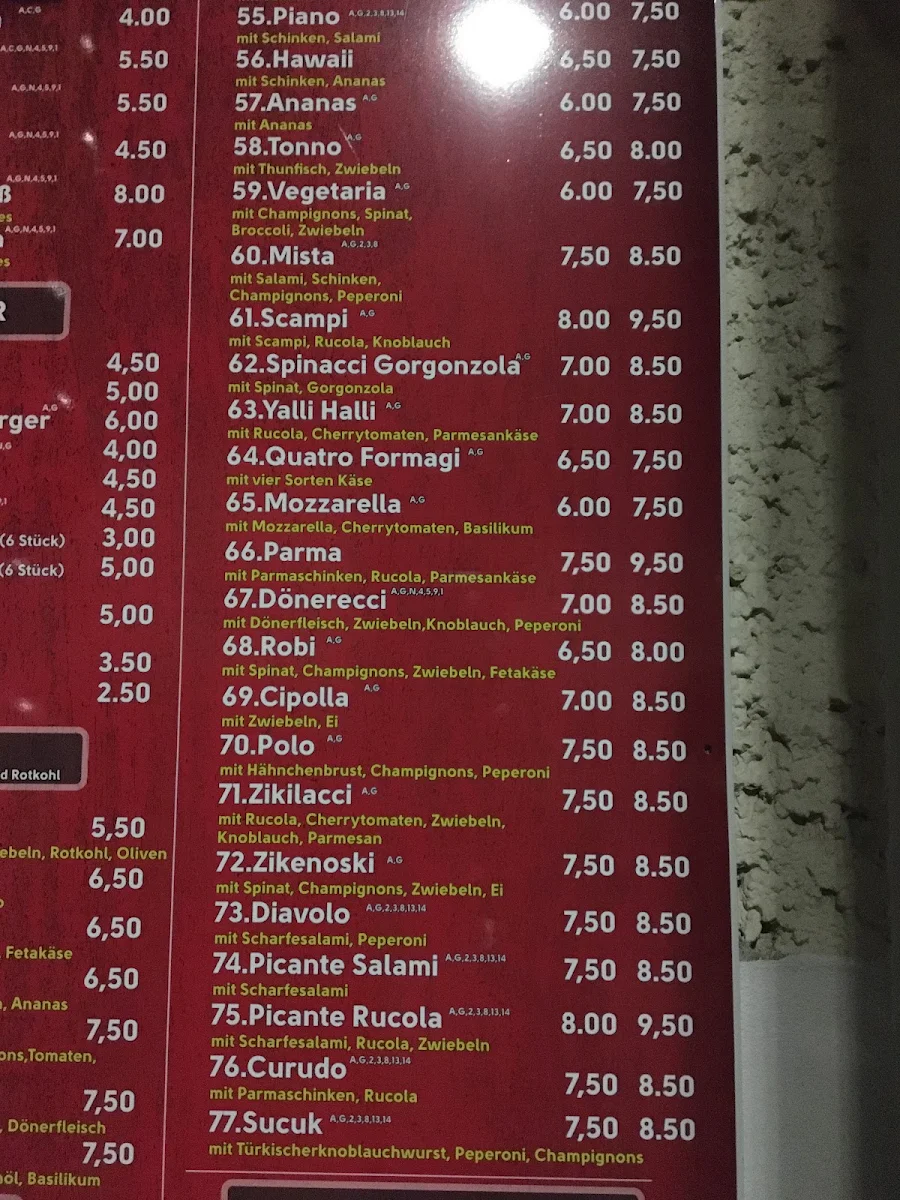 Speisekarte, Eiche Pizzeria