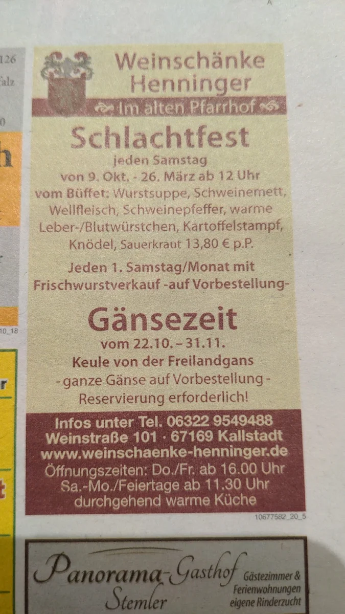 Speisekarte, Weinschänke Henninger