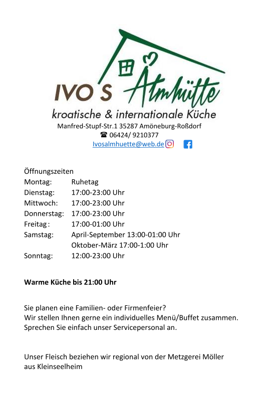 Speisekarte, Ivos Almhütte