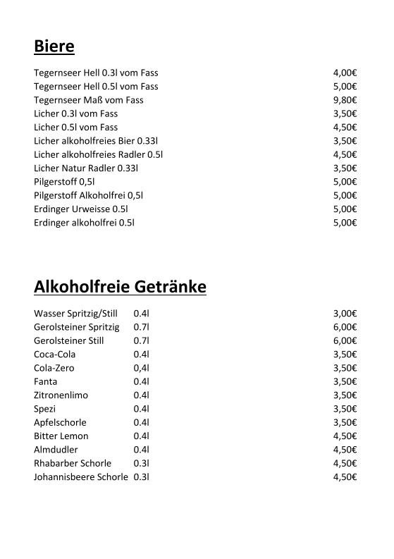 Speisekarte, Ivos Almhütte
