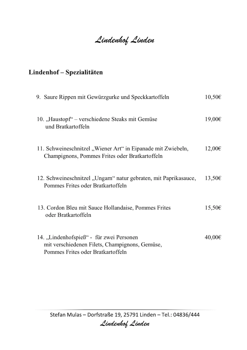 Speisekarte, Stefan Mulas / Lindenhof Linden