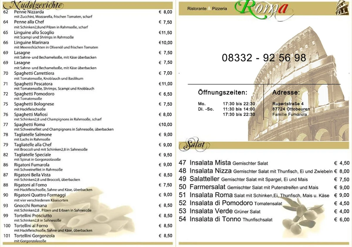 Speisekarte, Roma Pizzeria