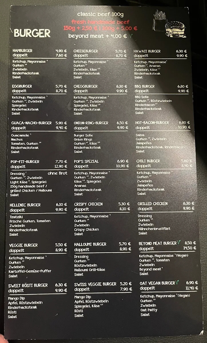 Speisekarte, Pops Burger Kirchheim