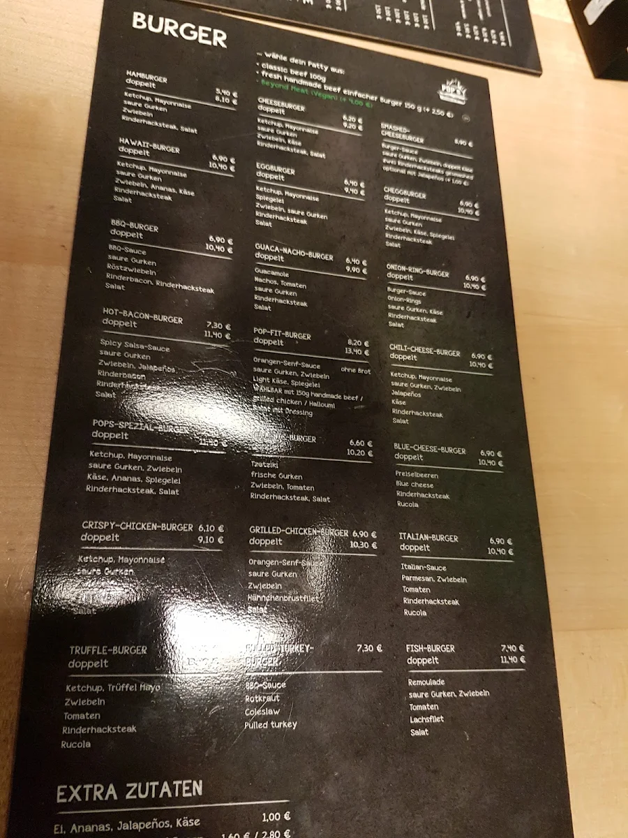 Speisekarte, Pops Burger Kirchheim